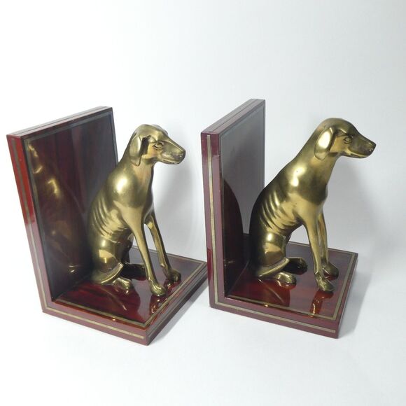 Brass & Wood Dog Bookends Statue Vintage Greyhound Whippet - Picture 4 of 12